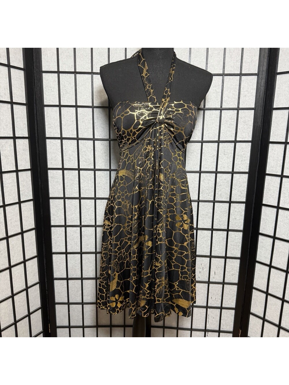 India Boutique Black Gold Foil Halter Dress Twist Front Y2K Sz S